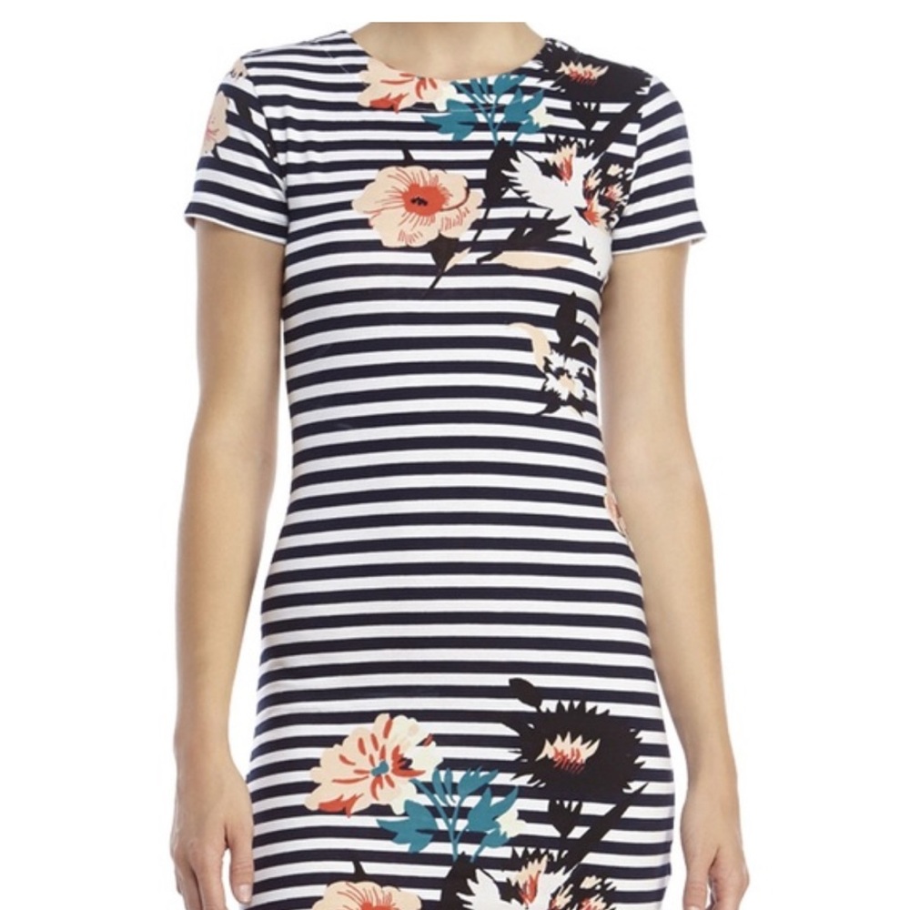 French Connection Striped Floral Mini Dress - Black, White, Pink, Blue
